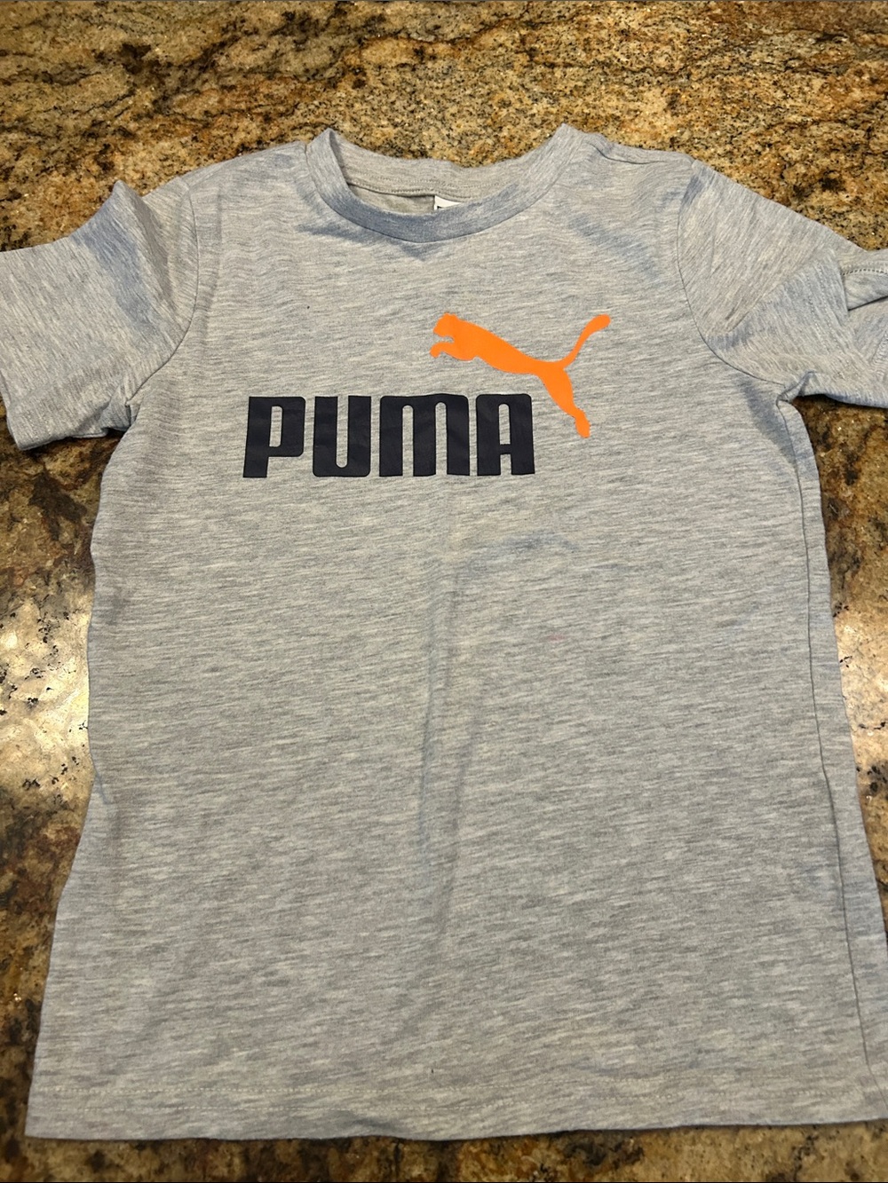 Puma Light Gray Tee with Navy Wordmark and Orange Puma